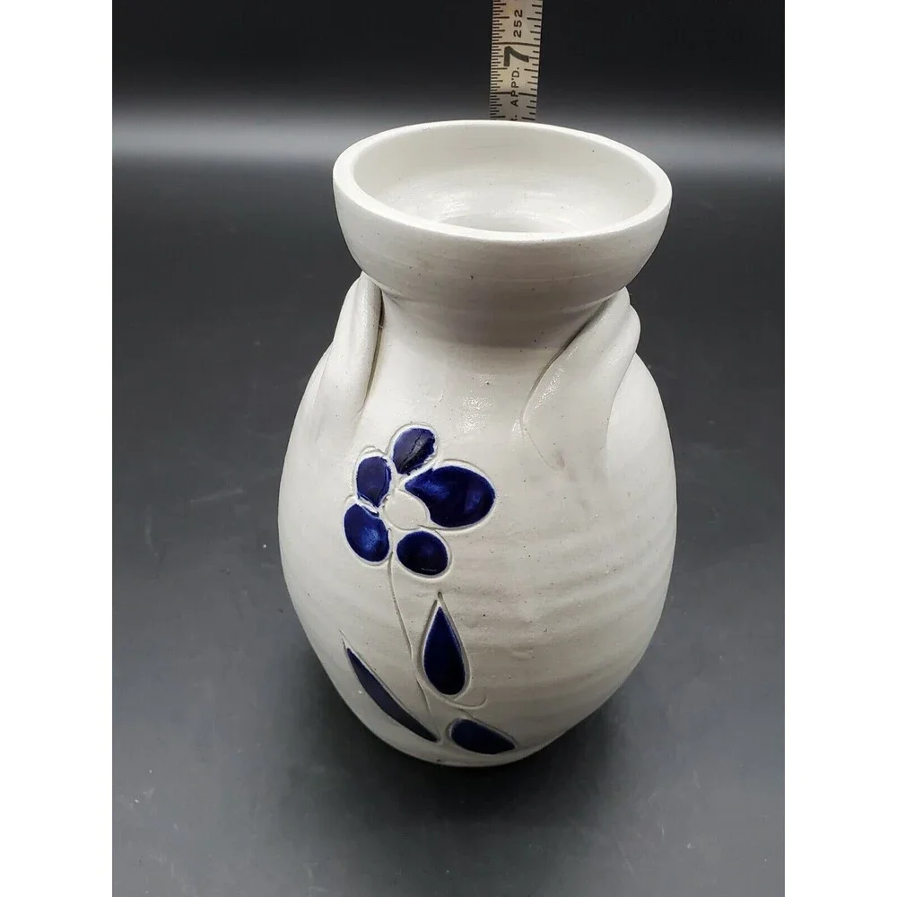 Vintage Williamsburg Pottery of Virginia Vase with Single Blue Flower